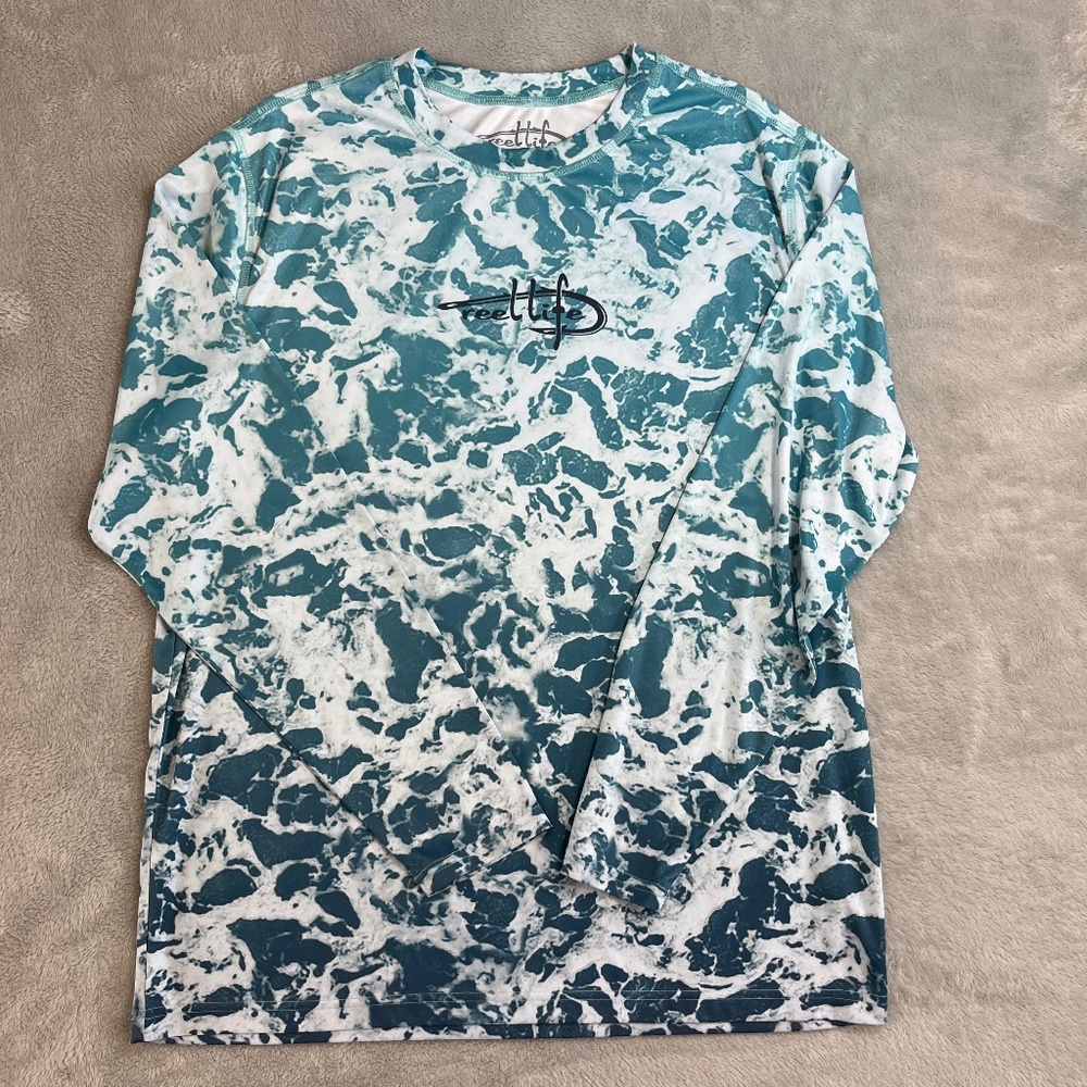 Men's Reel Life Long Sleeve UV Fishing Shirt Water Foam sz M Medium Teal & White